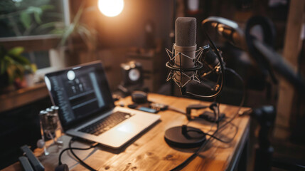 Fototapeta na wymiar Professional podcast setup with sleek microphone, laptop, and stylish lamp on a close-up table in a modern home studio. Ideal for recording high-quality audio content.
