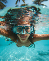 Fototapeta premium girl is Underwater Exploration in Summer Bliss, Woman Snorkeling Near the Beach on Sunny Holiday