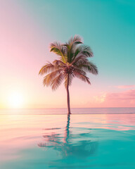 Fototapeta na wymiar perfect palm trees on the beach at sunset in summer, a perfect summer background in vibrant colors