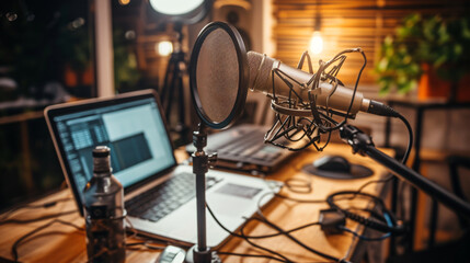 A professional podcast setup in a stylish home studio featuring a high-quality microphone and laptop on a close-up table. Perfect for creating captivating audio content.