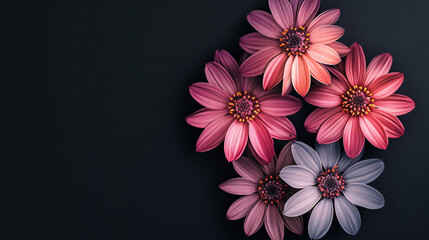 Stunning radial symmetry gradient flowers captivate in this top view shot. With an isolated black background, these vibrant blooms pop with visual allure. Ideal for design projects, wallpape