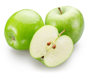 Green apple and green apples slices isolated on white background. File contains clipping path. - obrazy, fototapety, plakaty