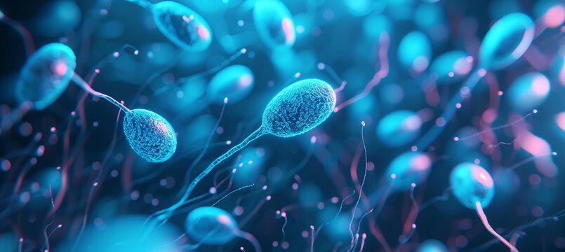 Intricate microscopic portrayal of male sperm and female egg fertilization process