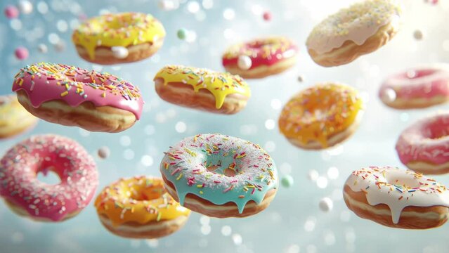 Tasty donuts floating around in a fantasy cloudy sky