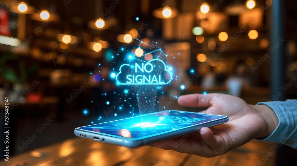 Poster interactive holographic no signal shining text icon displayed over mobile phone in hands