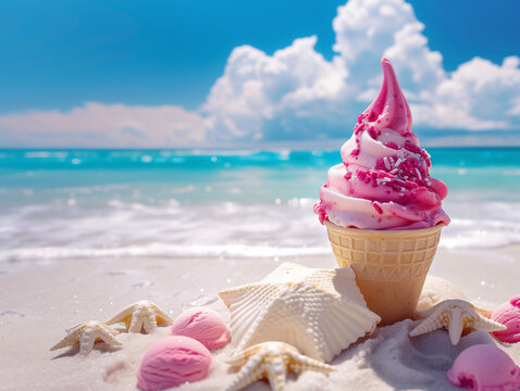 Fictional soft ice cream at the beach, summer colors, beach decoration, fruty icecream