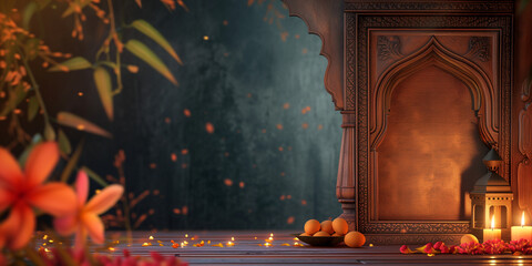 Traditional Indian arch with flowers and lanterns. Festive backdrop for holiday concept. Greeting card or invitation template. Banner with copy space. 