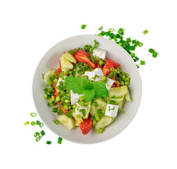 Greek Salad in White Bowl Top View Isolated. Fresh Garden Salat, Greek Salad with Green Onion, Feta Cheese