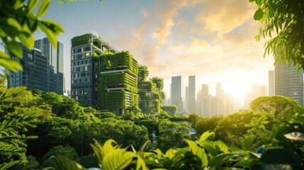 Modern green architecture, eco-friendly buildings covered in plants in an urban environment, symbolizing sustainable development