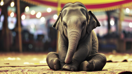 A young elephant waiting for his chance to preform under the circus big top . Room for text or copy space