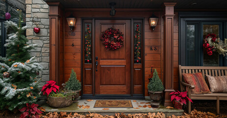 Small cozy country house in flowers. Entrance door