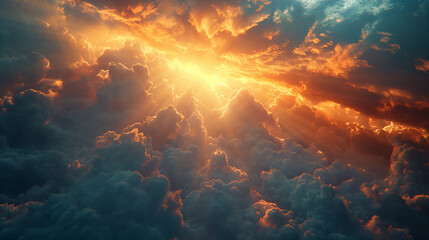 Golden clouds, view from above. The road to heaven. sunset sky