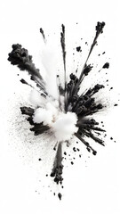 Charcoal Explosion: Abstract Black and White Powder Burst with Isolated Splatter - Dynamic Carbon Pattern, Explosive Design, and Dark Elegance for Templates, Wallpapers, and Backgrounds