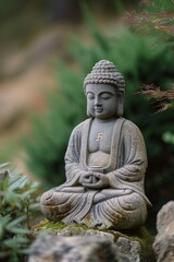Stone Buddha statue seated in meditation among lush greenery in a peaceful garden setting.