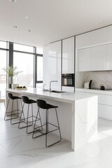 Elegant and minimalist white kitchen interior with marble countertops and stylish bar stools in a bright space.