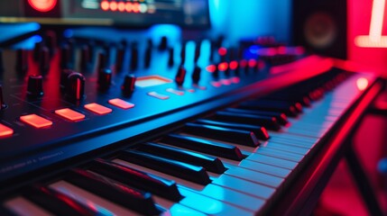 Detailed view of music studio equipment with vibrant LED lights on a synthesizer and sound mixer. - obrazy, fototapety, plakaty