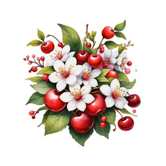 graphics of a bouquet of flowers and berries on a background of green leaves