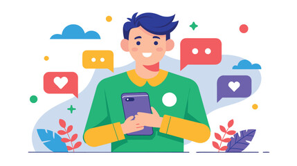 Fototapeta premium Smiling Man Engaging With Social Media on Smartphone