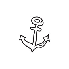 Realistic ship anchor in black isolated on white background. Hand drawn vector sketch illustration in doodle vintage engraved style. Symbol of sea, summer vacation, swimming, decoration and travel.