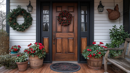 Fototapeta na wymiar Small cozy country house in flowers. Entrance door
