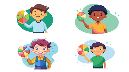 Cheerful Children Playing With Colorful Balls Illustrated in Four Panels