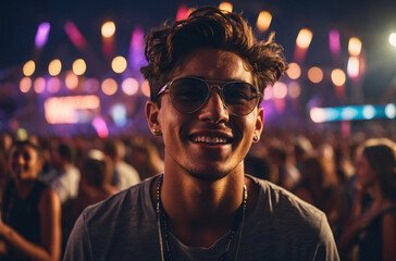 young man in the music festival at night - obrazy, fototapety, plakaty