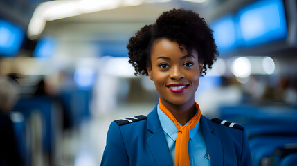 Portrait of a black female flight attendant in her uniform on an airplane. 