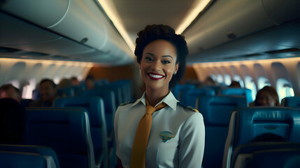 Portrait of a black female flight attendant in her uniform on an airplane. 