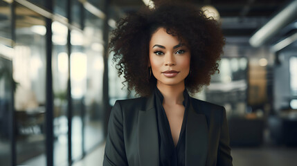 Portrait of a beautiful black smiling business woman posing and looking at camera