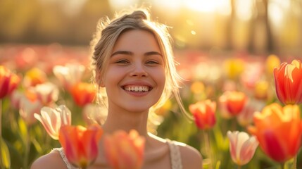A joyful woman amidst vibrant tulips, her smile radiating warmth under the spring sun