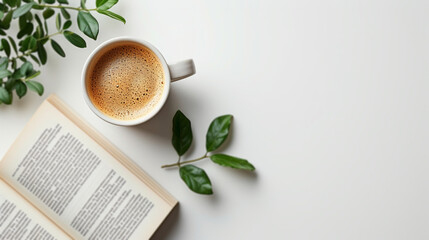 A minimalist depiction of an open book and a cup of coffee on a white background - obrazy, fototapety, plakaty