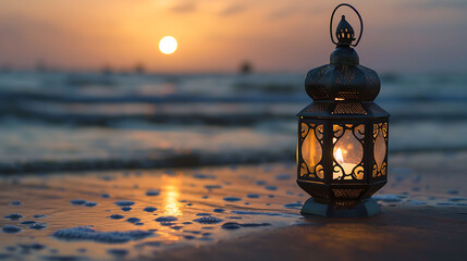 Islamic concept lamp Traditional Arabic Lantern on the beach Ramadan and Eid Mubarak greeting background