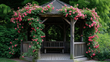 A charming gazebo adorned with cascading ivy and delicate roses