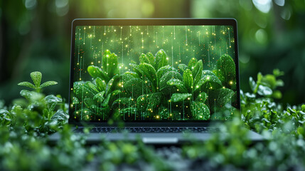 Laptop, leaves and digital lights in nature