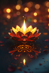 Diwali lamp on festive background with bokeh lights. Indian holiday concept. Image for festive poster, greeting card or invitation template. Banner with copy space. 
