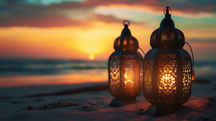 Islamic concept lamp Traditional Arabic Lantern on the beach Ramadan and Eid Mubarak greeting background