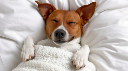 Charming dog sleeping peacefully on white bed with blanket, creating copy space for text placement