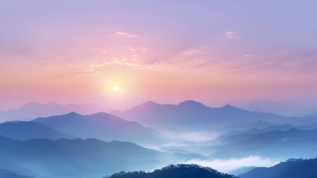 The sun over a majestic mountain blue range. Misty nature background. © Iryna