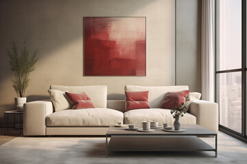 Linen sofa against wall, modern living room, big window, minimalist apartment, beige and bordo interior design, hyperrealistic