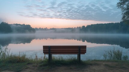 Fototapeta na wymiar a bench overlooking a fog-covered lake at dawn, embodying Labor Day's quiet reflection
