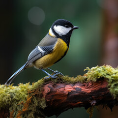 Naklejka premium A Great Tit showcases its vibrant yellow belly and distinctive black head while standing on a moss-laden branch.