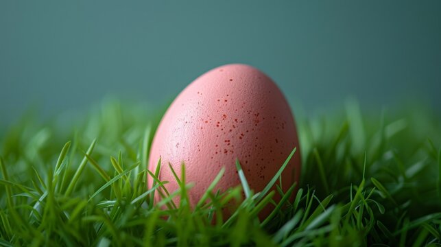 A minimalist Easter egg painted in pastel shades, resting on a bed of fresh green grass