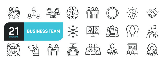 Set of line icons related to business team, teamwork, success, management. Outline icons collection. Editable stroke. Vector illustration.