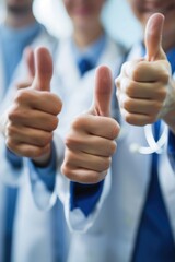 Thumbs Up from a Team in Lab Coats, Emphasis on Success with a Bright, Blurred Background.