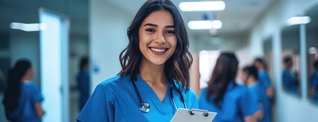Approachable Female Nurse in Royal Blue, Her Bright Eyes Reflecting Efficiency in Warmly Lit Hallway.