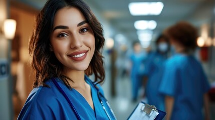 Radiant Young Nurse with a Friendly Smile, Clutching a Clipboard in a Lively Hospital Corridor.