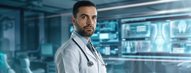 Fototapeta premium Future of Healthcare: Confident Male Doctor in High-Tech Medical Facility, Poised with Stethoscope and Interactive Screens.