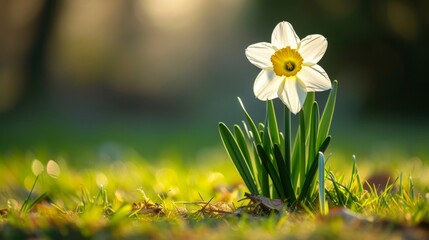 A single daffodil gracefully illuminated by morning sunlight. large copyspace area