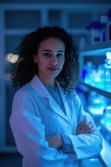 A Professional Young Woman Amidst the Ethereal Blue of Her Night Lab, Poised with Relaxed Expertise.
