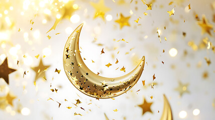 Ramadan Kareem golden crescent moon and star decoration on white background with confetti